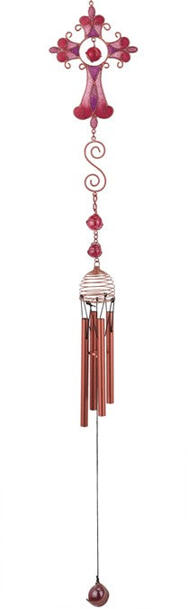 28" Copper Cross Wind Chime with Pink Gems