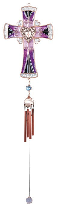30" Copper Cross Wind Chime with Purple Heart
