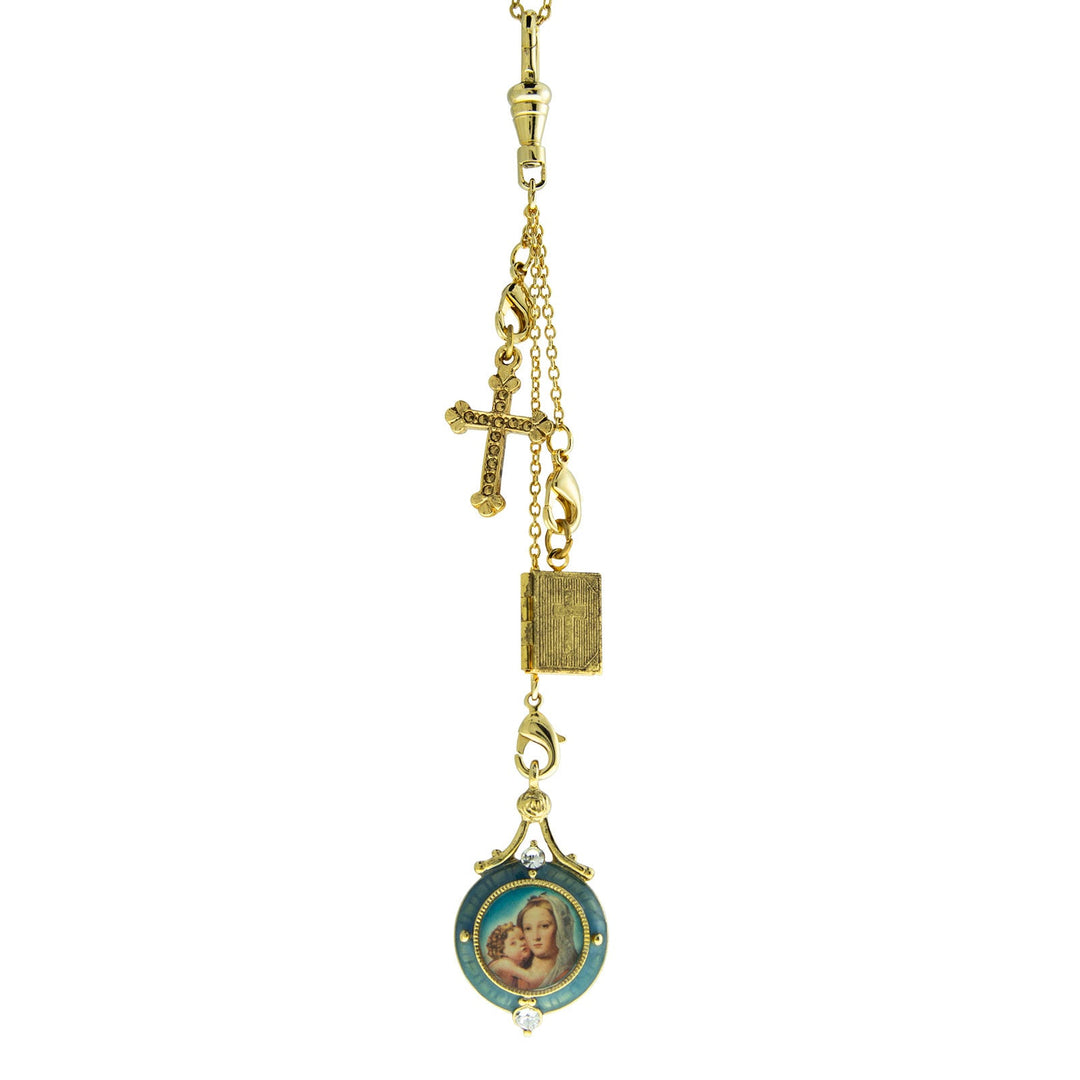 Cross, Bible, Mary & Child Charm Drop Necklace
