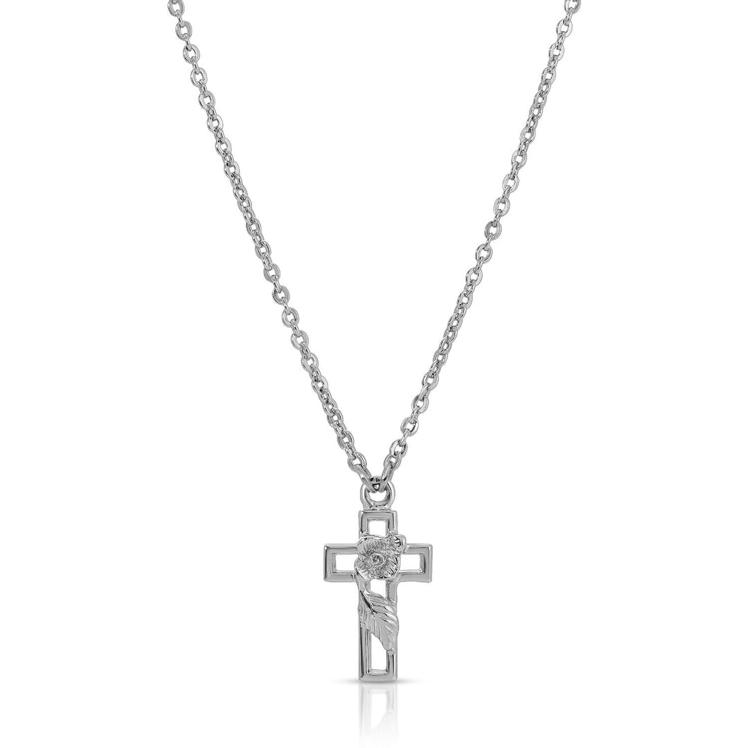 Cross Flower and Leaf Pendant Necklace