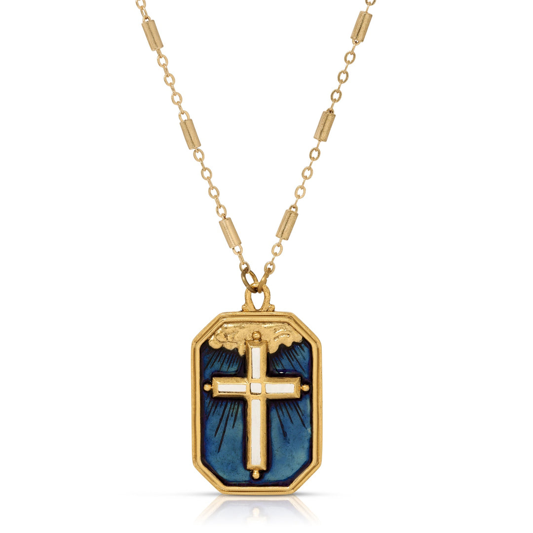 Cross In The Blue Sky Blue Enamel Pendant Necklace
