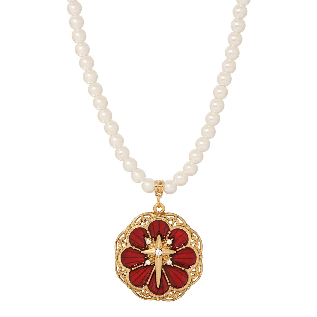 Faux Pearl Strand Rose and Red Enamel Cross Pendant Necklace