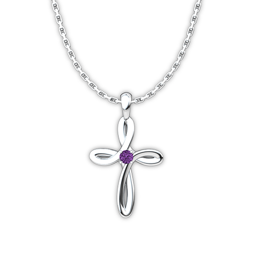 18" February Amethyst Birthstone Swirl Cross Sterling Silver Pendant Necklace