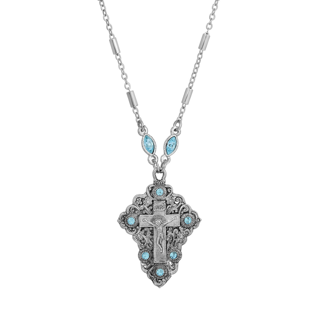 INRI Crucifix Aqua Blue Crystal Pendant Necklace