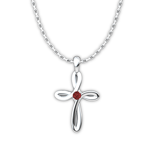 18" January Garnet Birthstone Swirl Cross Sterling Silver Pendant Necklace