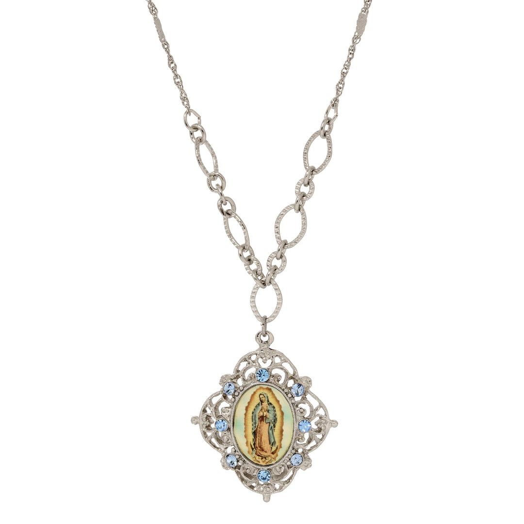 Light Sapphire Blue Crystal Our Lady of Guadalupe Pendant Necklace