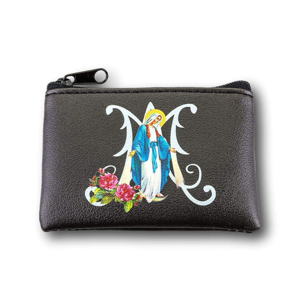Our Lady of Grace Black Leatherette Rosary Pouch