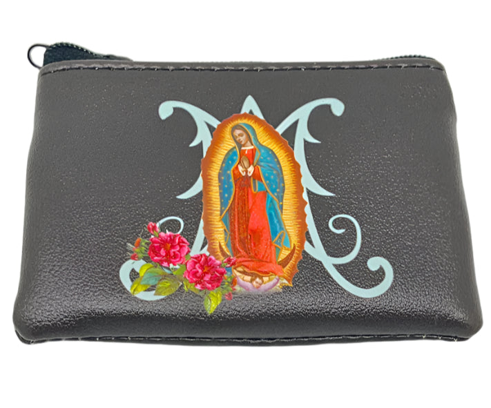 Our Lady of Guadalupe Black Leatherette Rosary Pouch