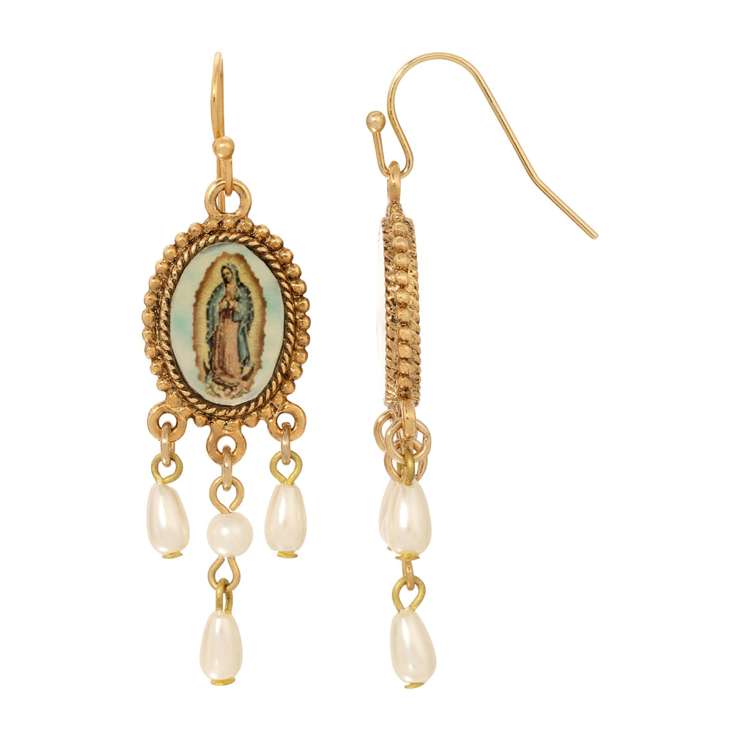 Our Lady of Guadalupe Faux Pearl Teardrop Dangle Earrings