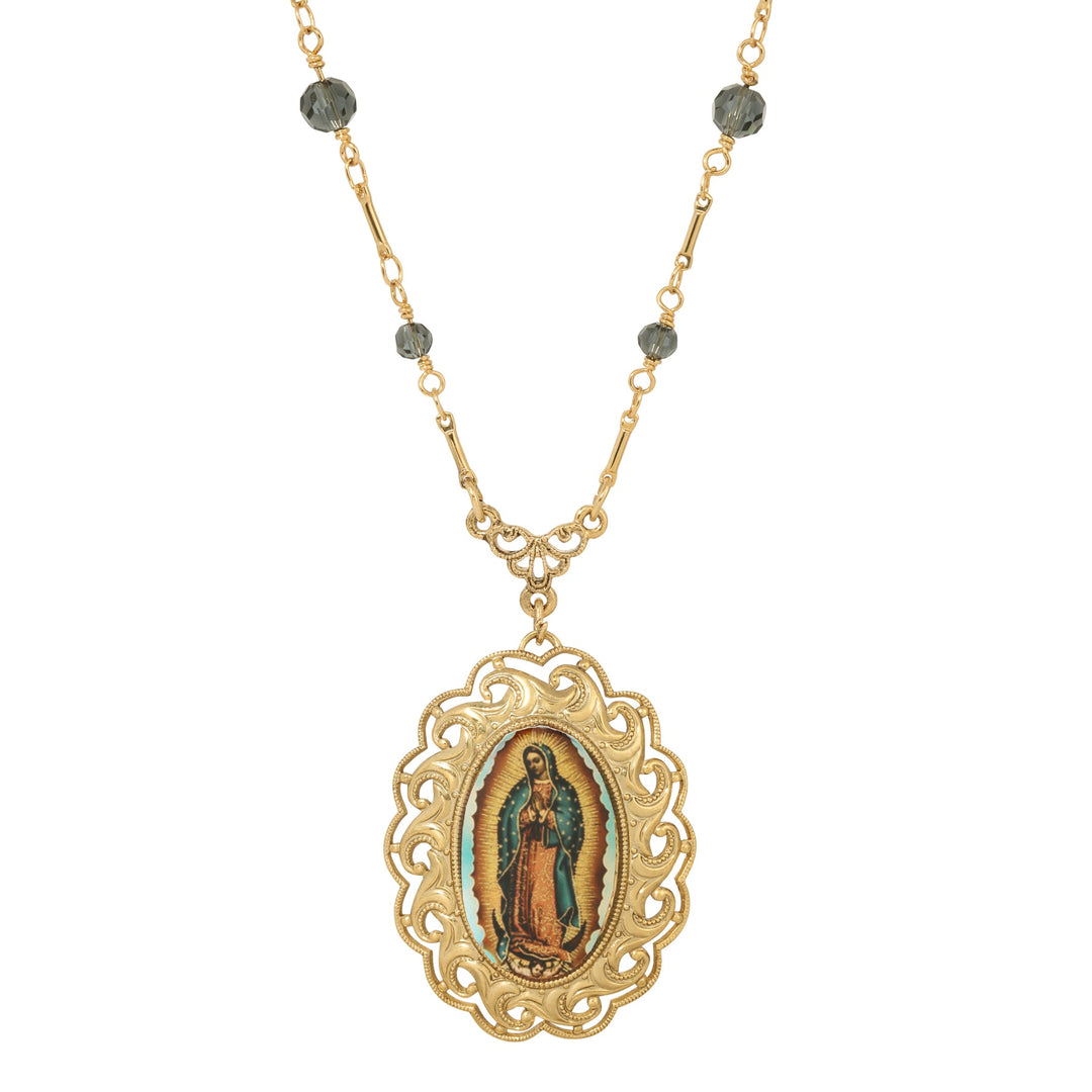 Our Lady of Guadalupe Radiant Pendant Blue Bead Necklace
