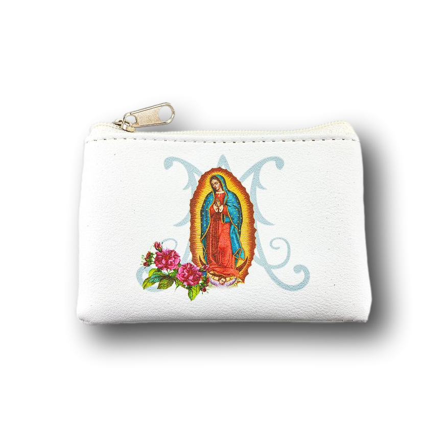 Our Lady of Guadalupe White Leatherette Rosary Pouch