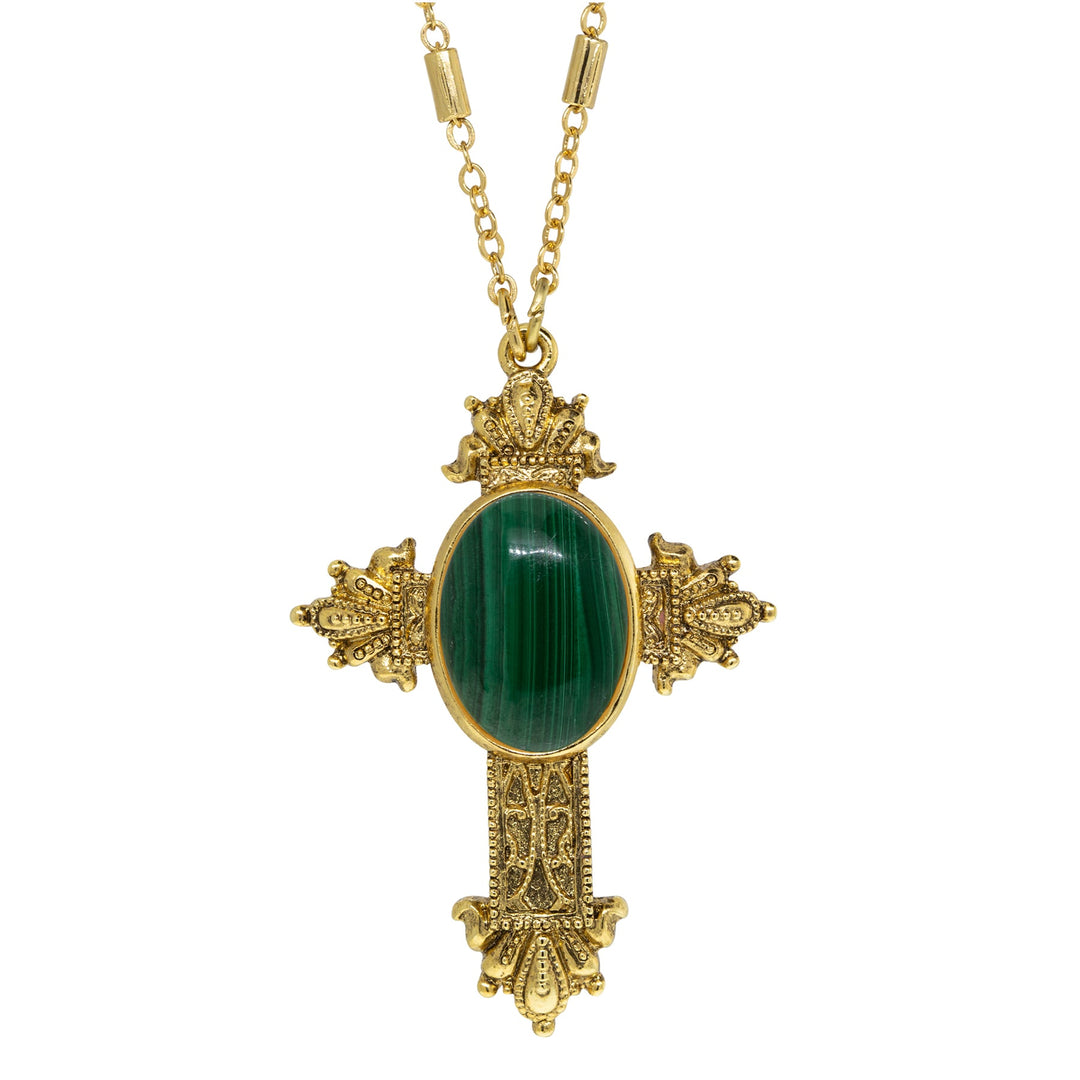 Oval Genuine Malachite Stone Intricate Cross Necklace