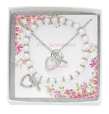 Pearl Bracelet with Crystal Heart Pendant