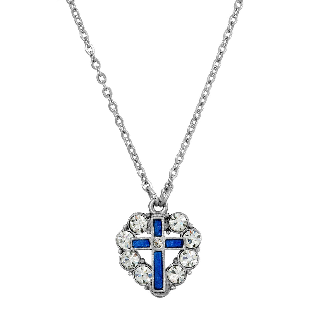 Pewter Blue Enamel Cross Crystal Heart Necklace