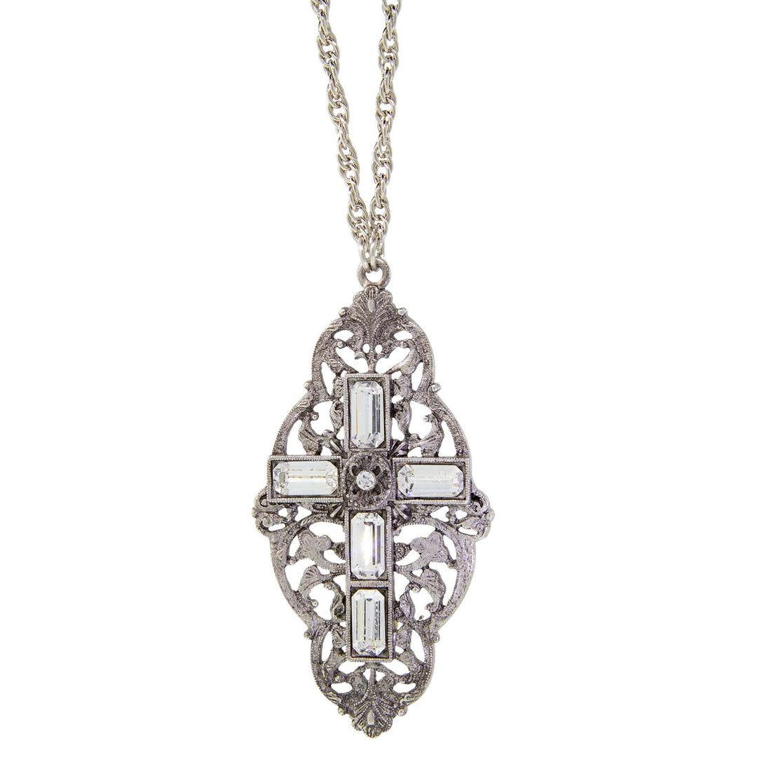 Pewter Crystal Clear Stone Cross Necklace