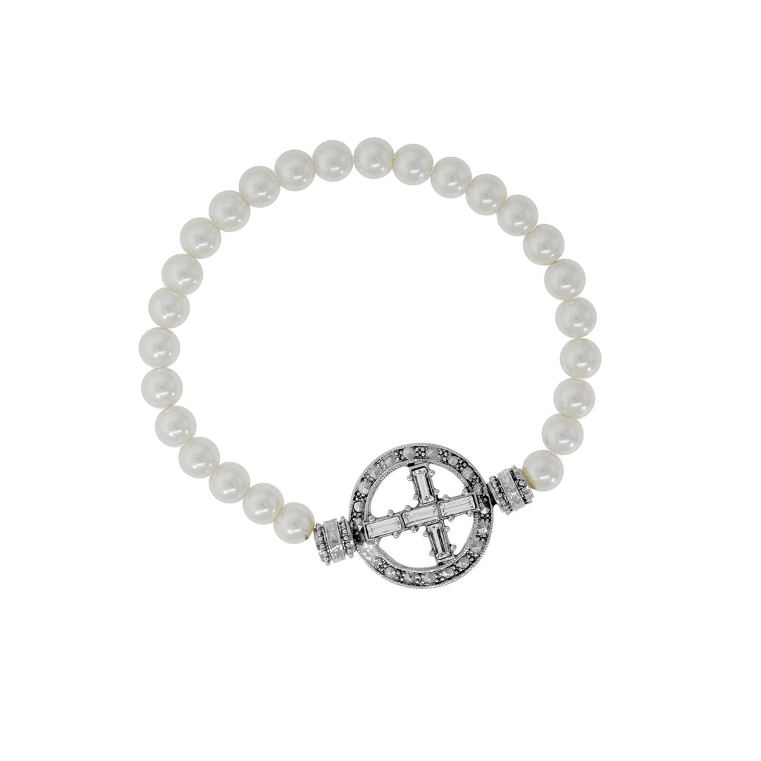 Pewter Crystal Cross Faux Pearl Stretch Bracelet