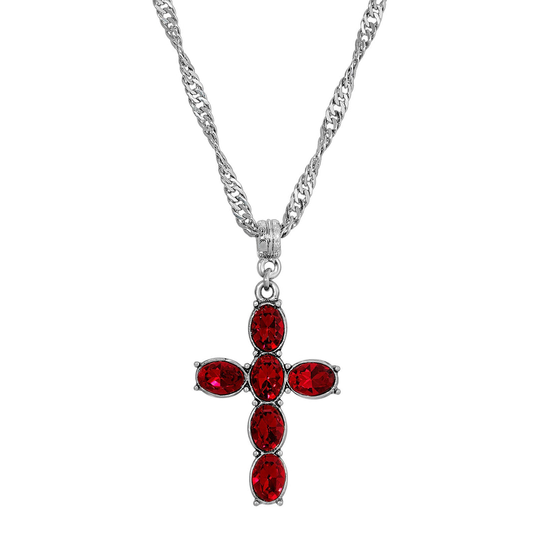 Pewter Red Crystal Cross Twisted Necklace