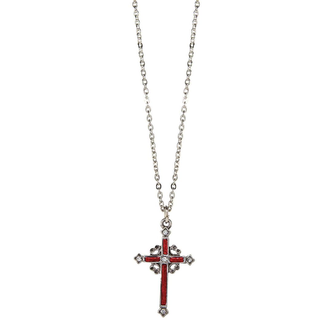 Pewter Hand Enamel Cross with Red Crystals Necklace Chain
