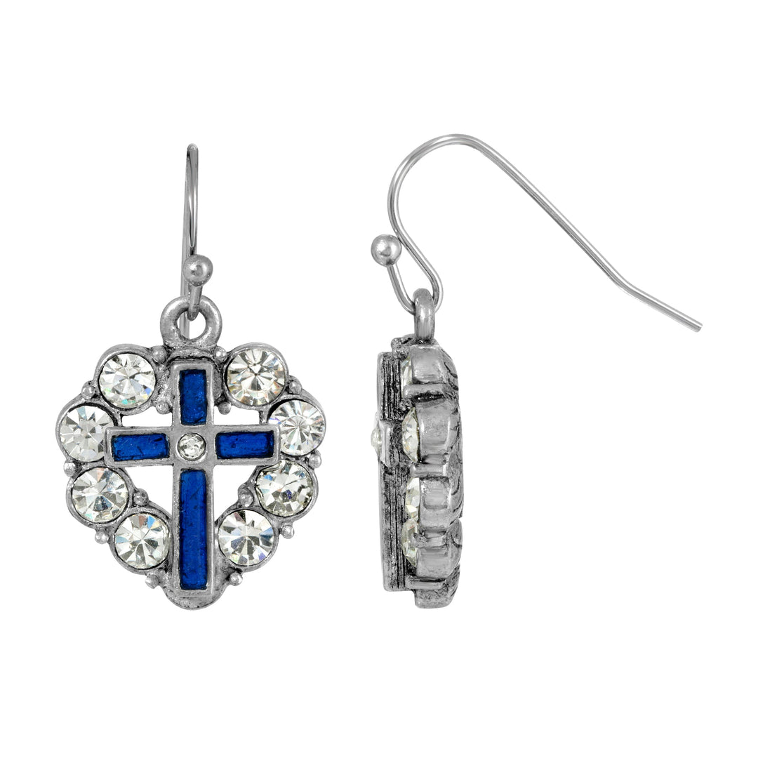 Pewter Heart Shaped Crystal Stones & Blue Enamel Cross Earrings