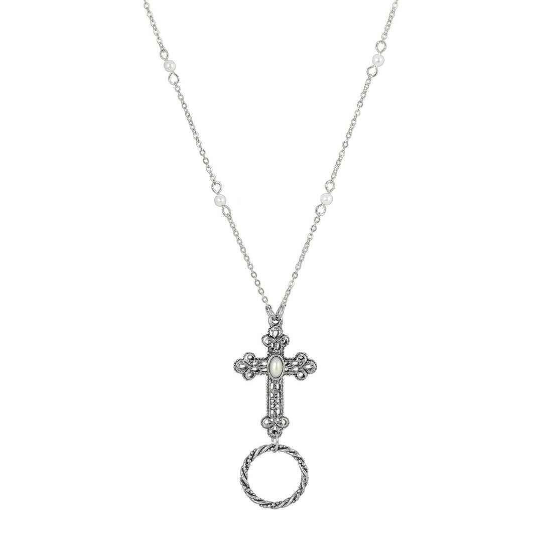 Pewter Oval Faux Pearl Eyeglass Badge Holder Necklace