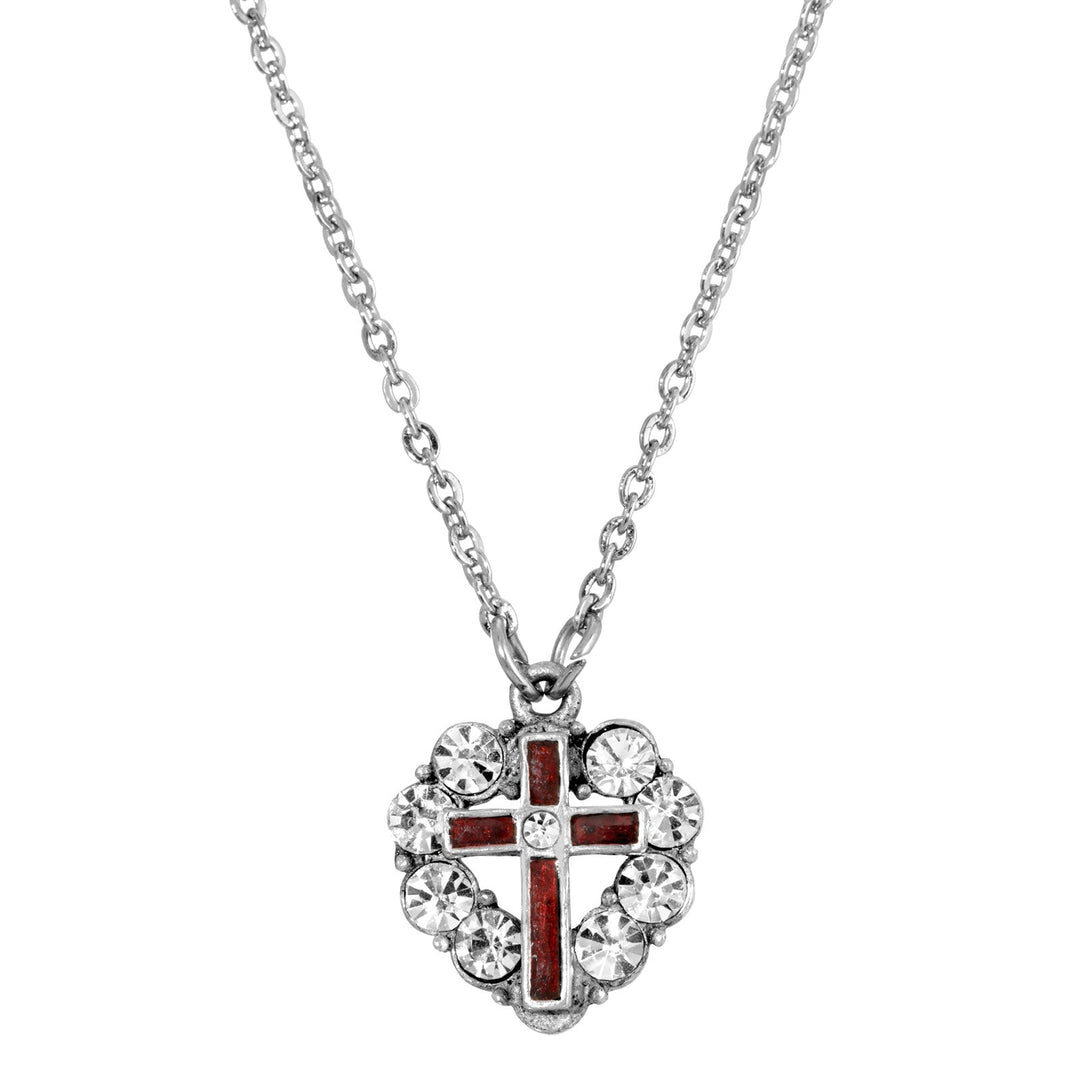 Pewter Red Enamel Cross Crystal Heart Necklace