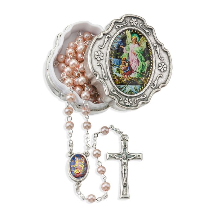 4mm Pink Pearlized Bead Rosary in Guardian Angel Keepsake Box