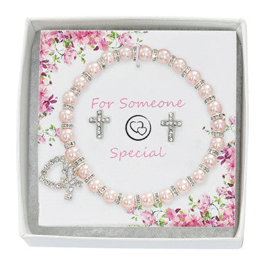 Pink Pearl Bracelet & Crystal Earrings