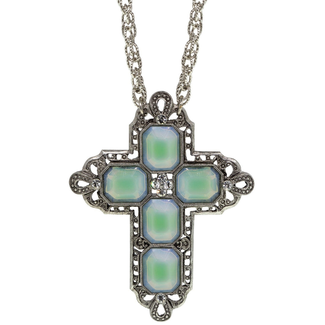 Regal Filigree Light Blue Crystal Cross Pendant Necklace