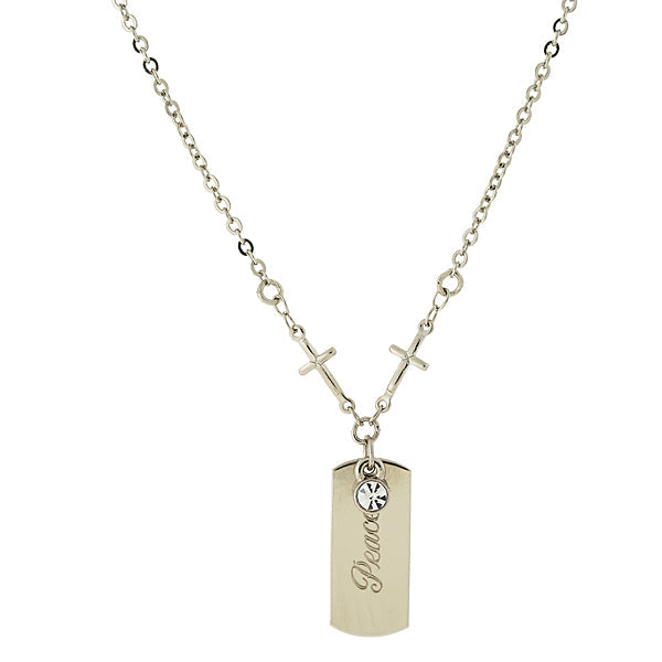 Round Crystal and Inspirational Peace Tag Cross Necklace