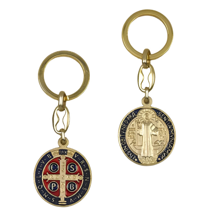 1.25" Dark Blue Gold Tone St. Benedict Key Chain