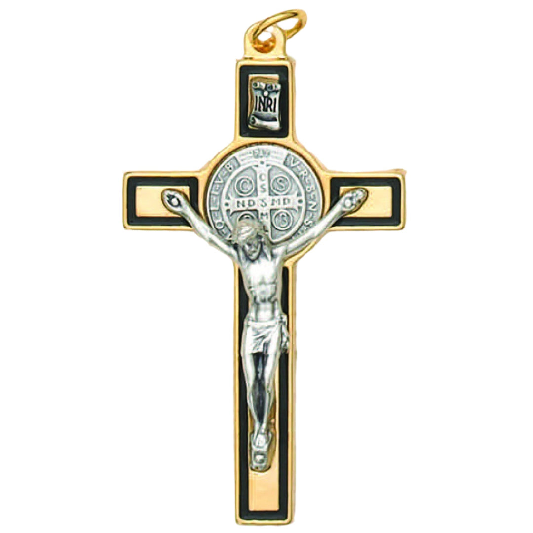 3" St. Benedict Gold & Black Enamel Crucifix with Cord