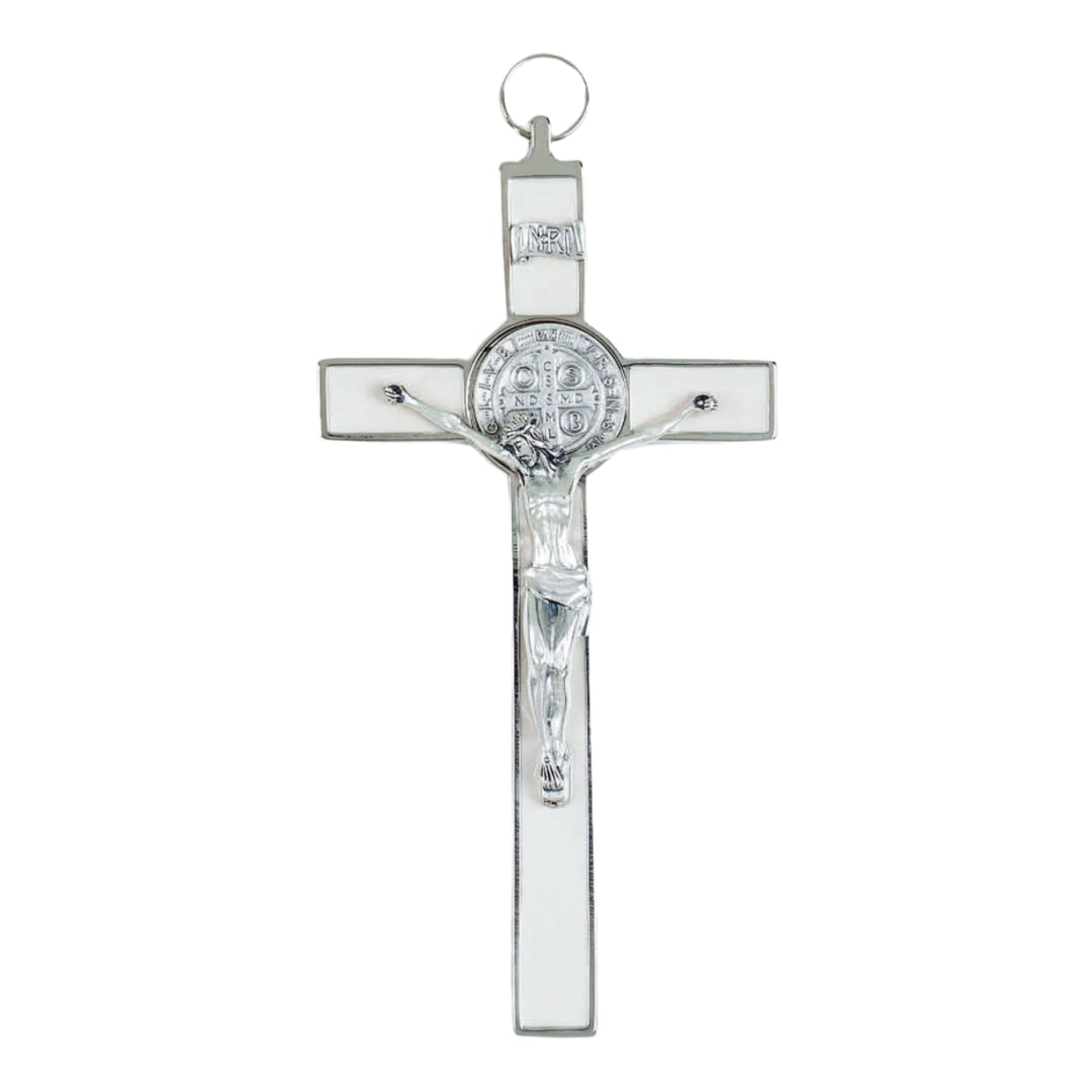 8" St. Benedict White Enamel Wall Crucifix