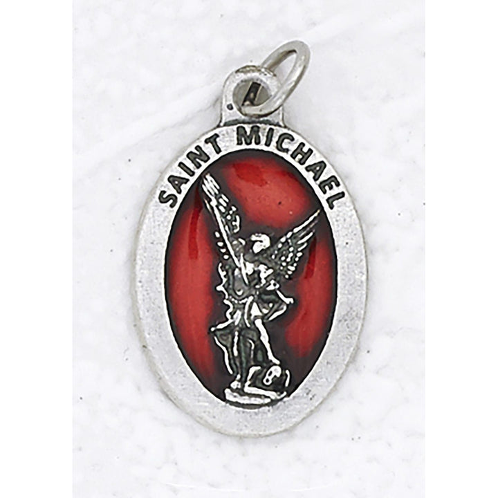 1" Oval Saint Michael Red Enameled Medal