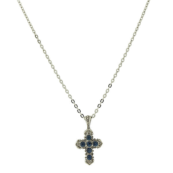 Silver-Tone Blue Crystal Cross Necklace