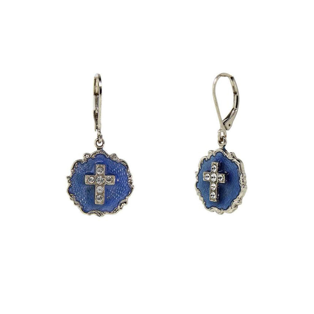 Silver Tone Blue Enamel Crystal Cross Round Earrings