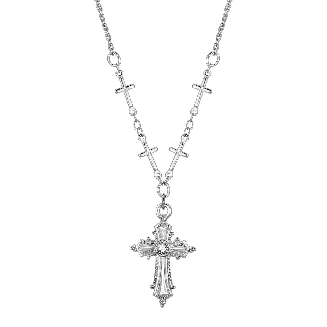 Silver-Tone Crystal Accent Cross Pendant Necklace