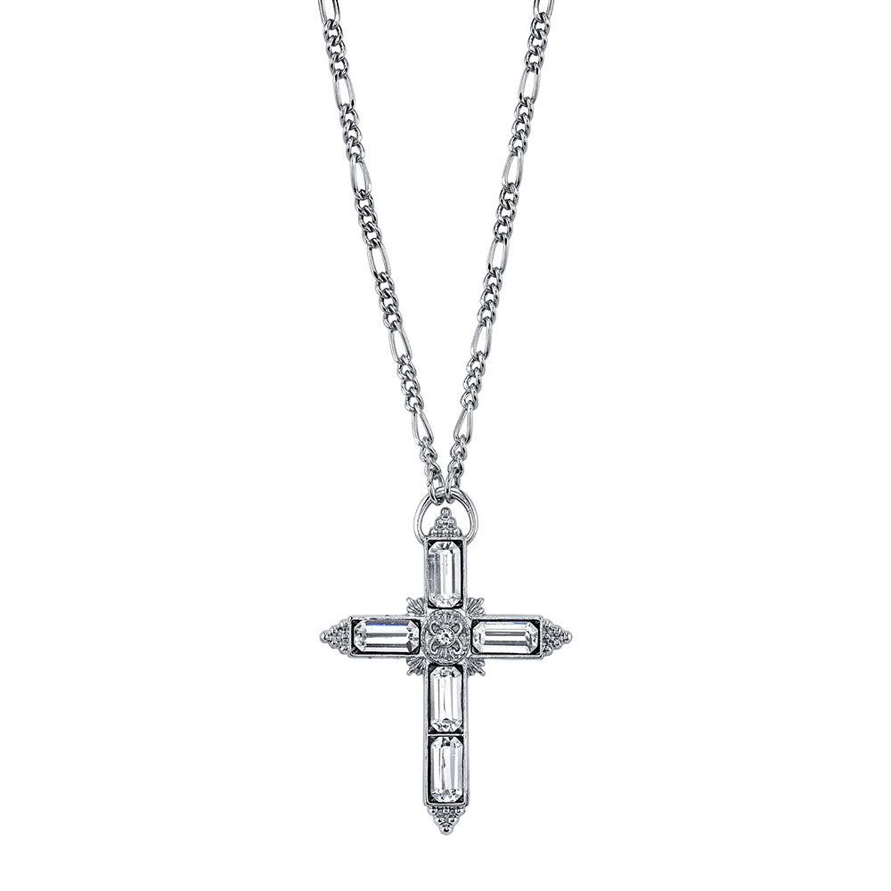 Silver-Tone Large Crystal Cross Pendant Necklace