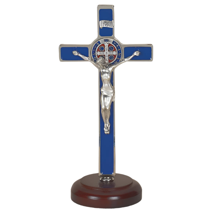 8" Blue Enameled St. Benedict Crucifix on Base