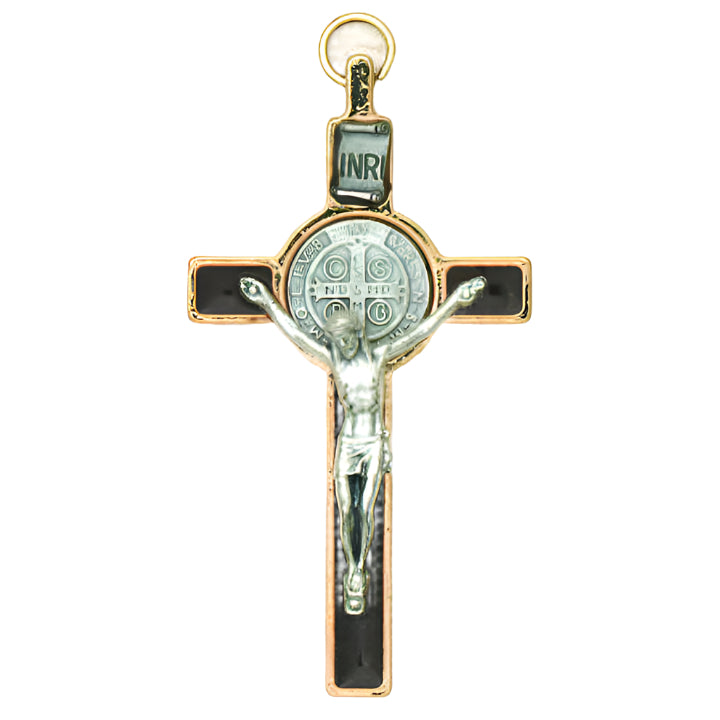 3" St. Benedict Silver & Gold Black Enamel Crucifix with Cord