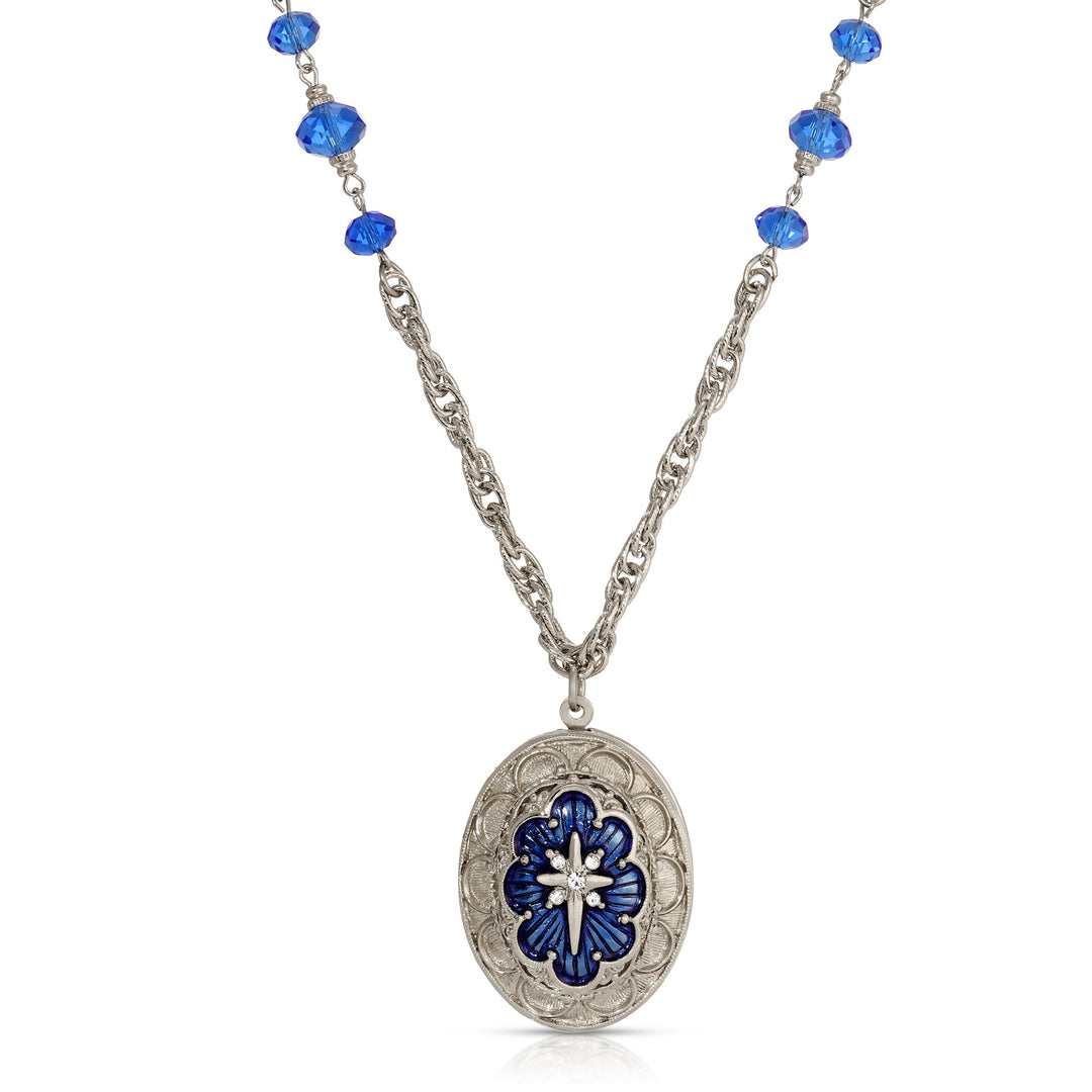 Star of Bethlehem Crystal Bead Blue Enamel Locket Pendant Necklace