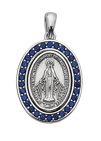 Sterling Silver Blue Miraculous Medal on 18" Chain
