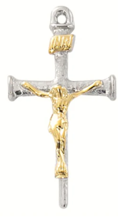 Two-Tone Sterling Silver Nail Crucifix with 18" Chain