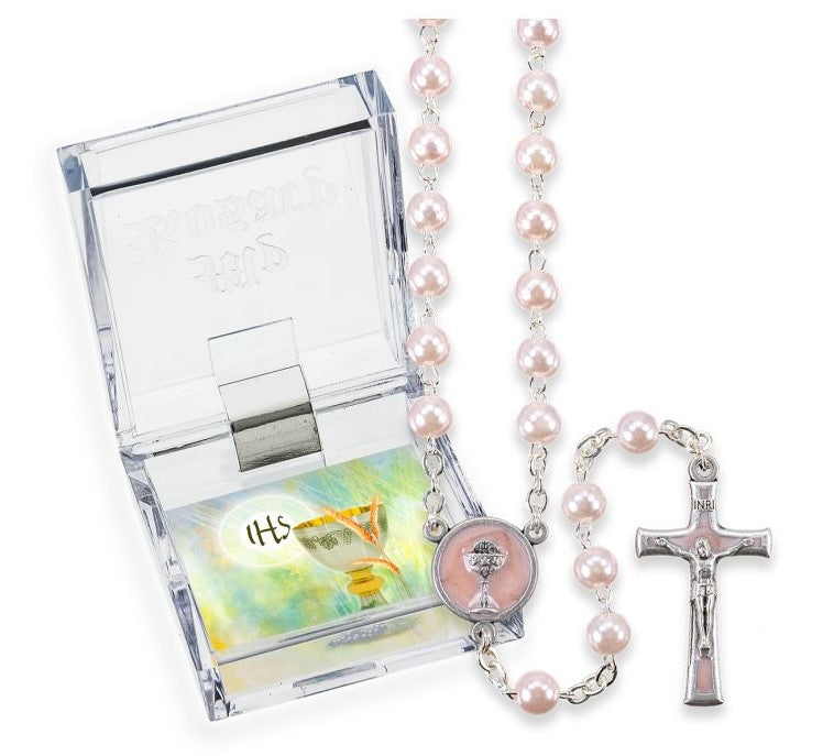 5mm Pink Pearlized Glass Bead First Communion Rosary, Boxed