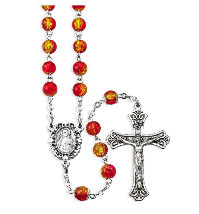 6mm Orange and Red Crackle Bead Rosary, Boxed