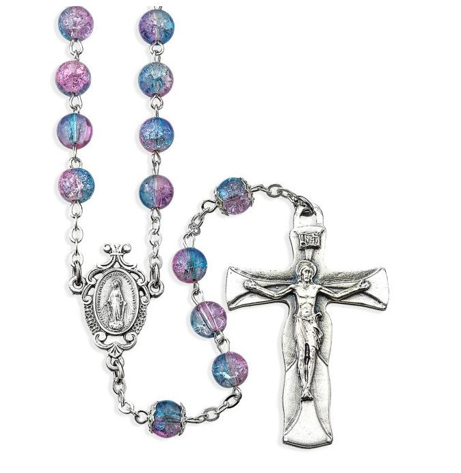 7mm Aqua and Fuchsia Crackle Bead Rosary, Boxed