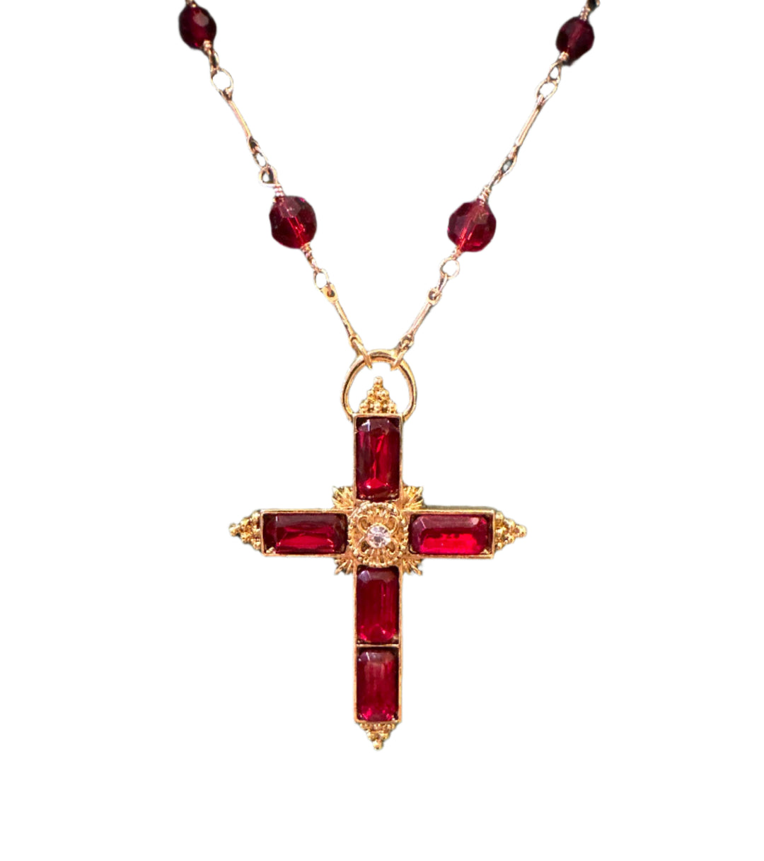 Gold Tone Siam Red Crystal Cross