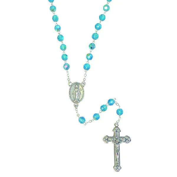 Aurora Borealis Crystal Rosary with Miraculous Medal Center and Silver Tone Crucifix - Aqua