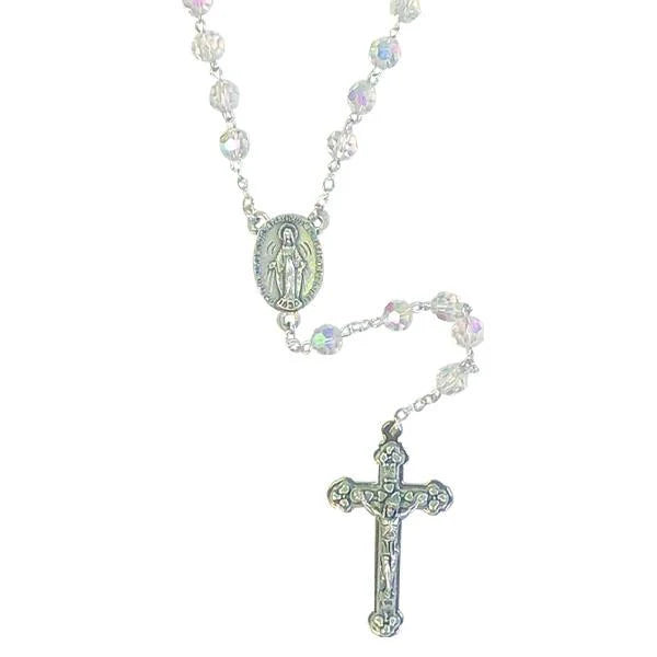 Aurora Borealis Crystal Rosary with Miraculous Medal Center and Silver Tone Crucifix -  Clear