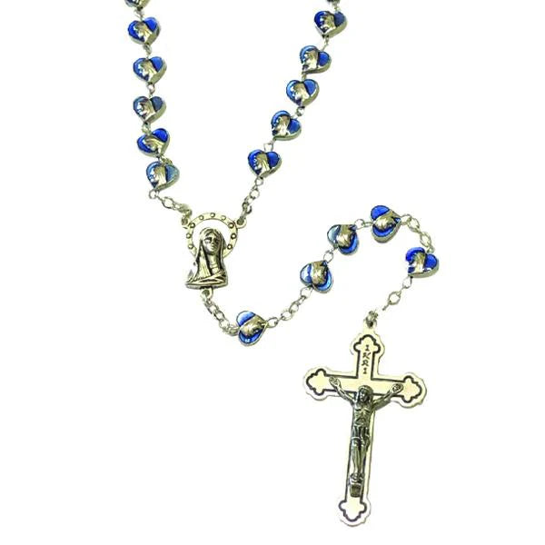 Blue Enamel Rosary with Heart Shaped Miraculous Medal Beads and Silver Tone Crucifix