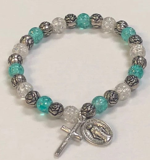 Child's Size Teal Rose Glass Stretch Bracelet
